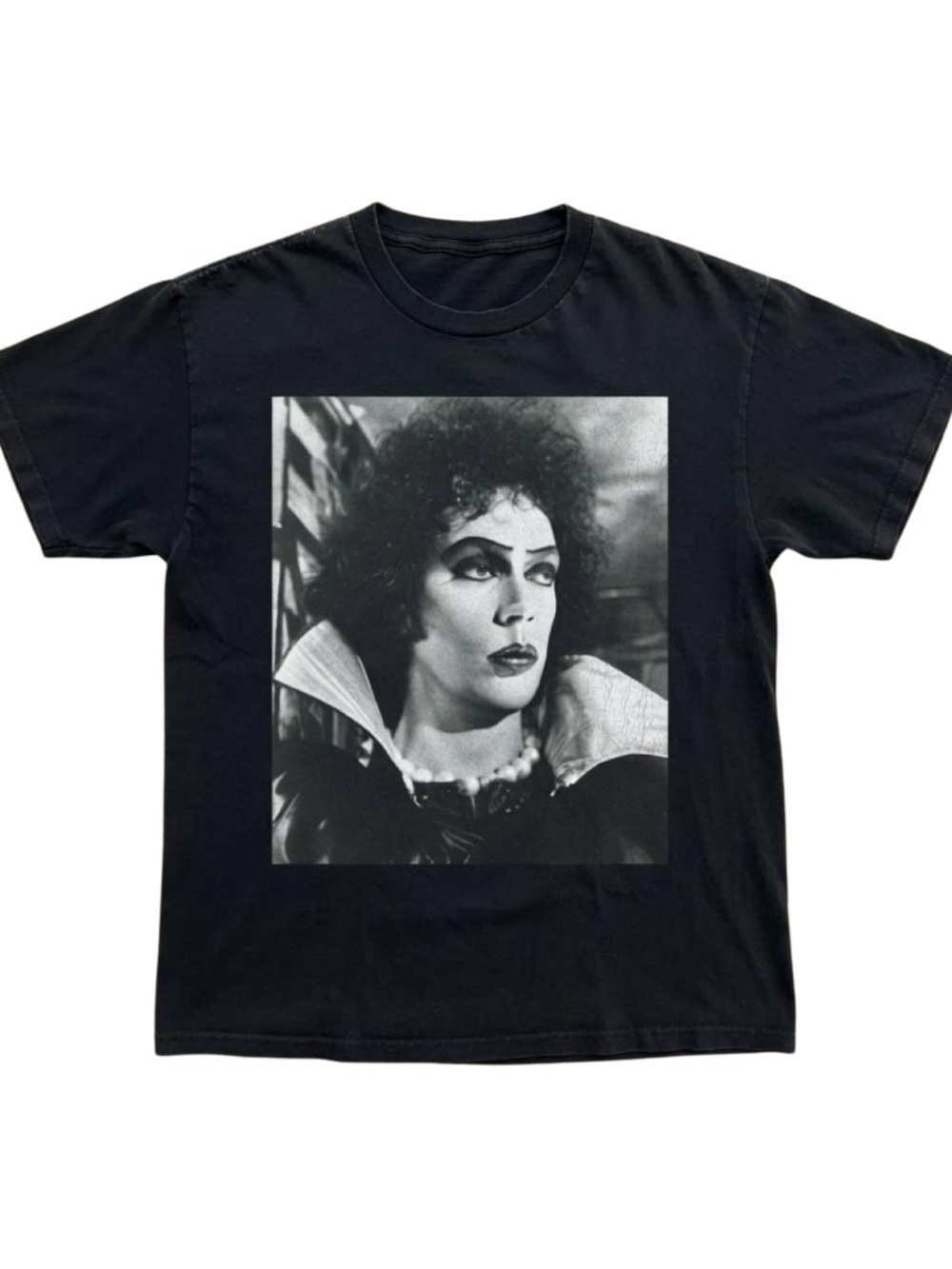 Black Short Sleeve Tee with Monochrome Portrait Print